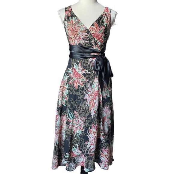 Evan Picone Black Chiffon Dress w/ Floral Designs & Satin Sash (Size: 10P) - Picture 4 of 14
